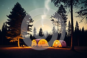 Adventure camping forest for childrens books illustrations Generative AI night time jungle landscape