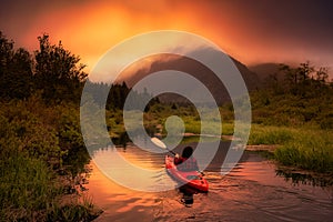 Adventure Caucasian Adult Woman Kayaking in Red Kayak