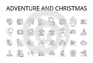 Adventure and christmas line icons collection. dventure, Thrill, Excitement, Risk, Dare, Expedition, Odyssey vector and