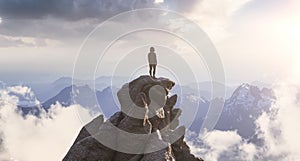 Adventure Composite. Adventurous Female person hiking on top of a mountain.