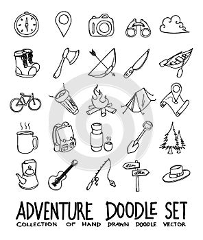 Adventure Doodle vector icon set. Drawing sketch illustration hand drawn line eps10