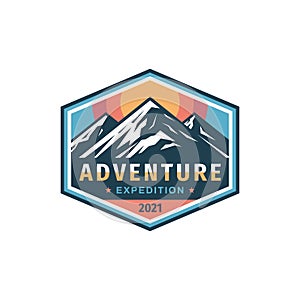 Adventure expedition mountain badge design. Extreme traveling logo in flat vintage style. Hiking climbing sport training. Vector i