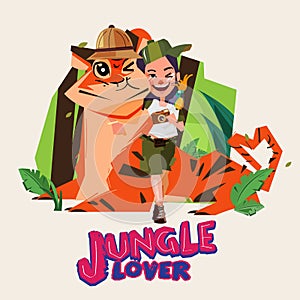 Adventure girl huge a big tiger. character design. jungle lover.