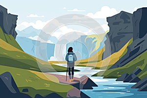adventure girl stands in nature landscape by waterfall AI generated