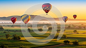 Adventure of hot air ballooning over a Landscape of rolling hills and meadows