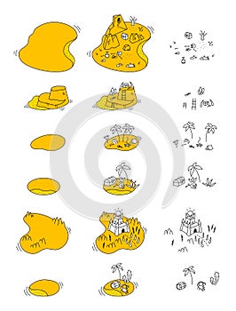 Adventure island map creator set. Fantasy board game kit. Vector yellow white colour.