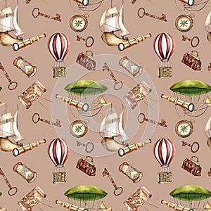 Adventure items vintage style, vessel watercolor seamless pattern isolated on beige. Hot air balloon, ship, sailling