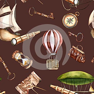 Adventure items vintage style, vessel watercolor seamless pattern isolated on dark. Hot air balloon, ship, sailling