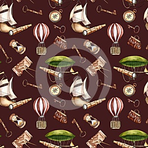 Adventure items vintage style, vessel watercolor seamless pattern isolated on dark. Hot air balloon, ship, sailling
