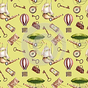 Adventure items vintage style, vessel watercolor seamless pattern isolated on green. Hot air balloon, ship, sailling
