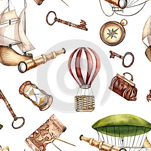 Adventure items vintage style, vessel watercolor seamless pattern isolated on white. Hot air balloon, ship, sailling
