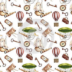 Adventure items vintage style, vessel watercolor seamless pattern isolated on white. Hot air balloon, ship, sailling