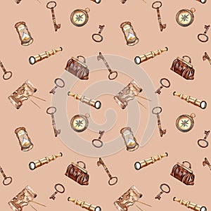 Adventure items vintage style watercolor seamless pattern isolated on beige. Compass, spyglass, map, handbag