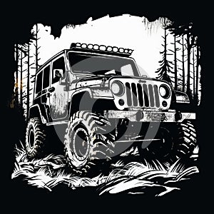 Adventure Jeep: Black And White Vector Art With Detailed Character Design