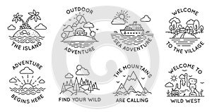 Adventure line badges. Outdoor travel logos and emblems with mountain, cabin in forest, tropical island, village and