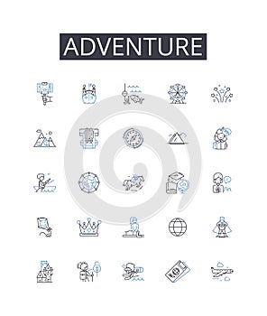 Adventure line icons collection. Journey, Quest, Exploration, Excursion, Expedition, Risk-taking, Daredevilry vector and photo
