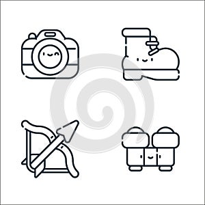 adventure line icons. linear set. quality vector line set such as binoculars, arrow, boot