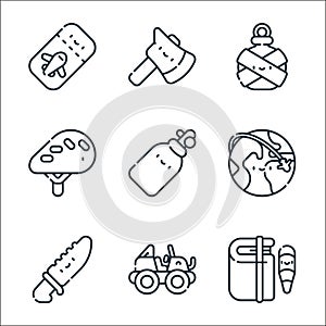 adventure line icons. linear set. quality vector line set such as journal, jeep, knife, travel, oxygen, helmet, canteen, axe