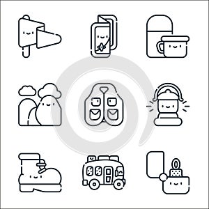 adventure line icons. linear set. quality vector line set such as lighter, bus, boot, lantern, vest, mountain, thermo, map