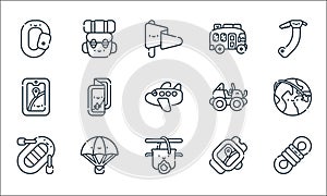 adventure line icons. linear set. quality vector line set such as rope, pot on fire, rafting, gps, parachuting, gps, jeep, bus,