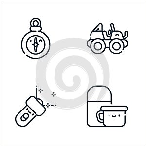 adventure line icons. linear set. quality vector line set such as thermo, flashlight, jeep