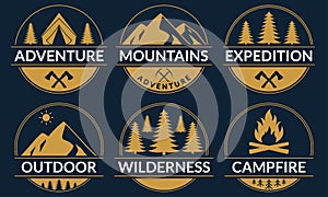 Adventure logo or badge set with mountains and forest. Outdoor expedition emblem. Camp with camfire label. Vector illustration