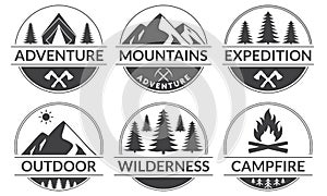 Adventure logo or badge set with mountains and forest. Outdoor expedition emblem. Camp with camfire label. Vector illustration