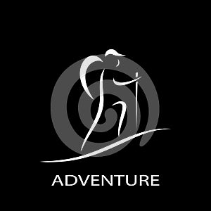 Adventure logo simple line hiker silhouette on black