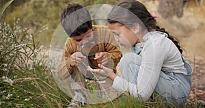 Adventure, magnifying glass and children exploring in the mountain for outdoor discovery together. Nature, fun and young