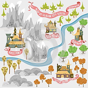 Fairy tale fantasy map builder set of Everwinter Realm and City states in colorfule vector illustrations photo
