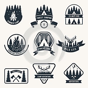 Adventure monochrome badges set. Silhouette of tent. Camping vector labels