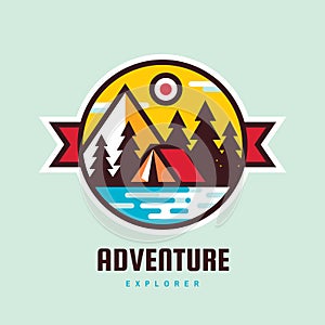 Adventure mountain - concept badge vector illustration. Expedition explorer creative logo in flat style. Discovery outdoor sign.