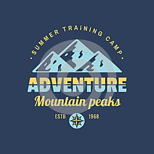 Adventure mountain peaks - concept logo badge for t-shirt clothing. Retro vintage style. Graphic design. Explore expedition.