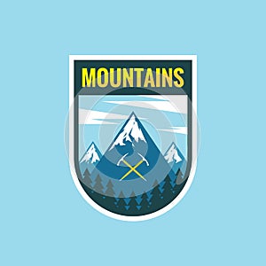 Adventure mountains - concept badge vector illustration. Expedition explorer creative logo in flat style. Discovery outdoor sign.