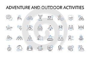 Adventure and outdoor activities line icons collection. Exploration, Discovery, Expedition, Venture, Quest, Hike, Trek