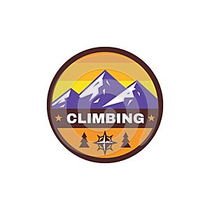 Adventure outdoors - concept badge. Mountain climbing logo in flat style. Extreme exploration sticker symbol.  Camping & hiking