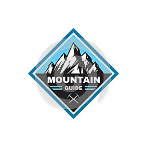 Adventure outdoors - concept badge. Mountain climbing logo in flat style. Extreme exploration sticker symbol.  Camping & hiking