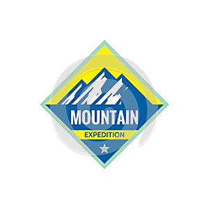 Adventure outdoors - concept badge. Mountain expedition climbing logo in flat style. Extreme exploration sticker symbol.  Camping