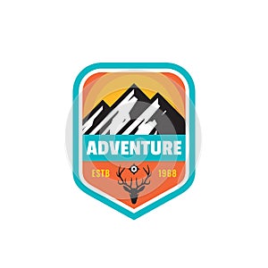 Adventure outdoors concept badges. Mountain climbing logo in flat style. Extreme exploration sticker symbol. Creative vector