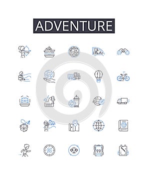 Adventure line icons collection. Journey, Quest, Exploration, Excursion, Expedition, Risk-taking, Daredevilry vector and photo