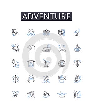 Adventure line icons collection. Journey, Quest, Exploration, Excursion, Expedition, Risk-taking, Daredevilry vector and photo