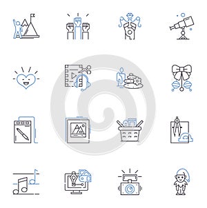 Adventure line icons collection. Thrill, Expedition, Excitement, Quest, Challenge, Escapade, Adrenaline vector and photo