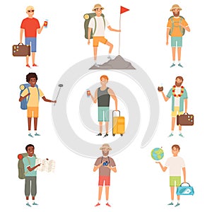 Adventure people. Outdoor characters backpackers male explore nature happy travellers vector cartoon illustrations