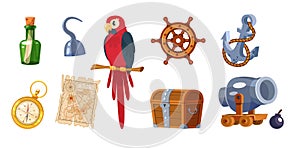 Adventure pirate set. Pirate ship equipment, treasure box, weapon, parrot, compass, hat, treasure chest, bottle of rum, hat, flag