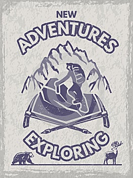 Adventure placard. mountain hiking and exploring. Vector poster with place for text