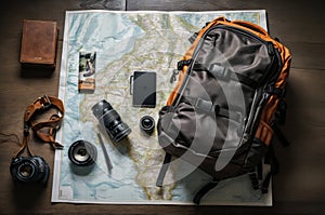 Adventure planning with map and photography gear