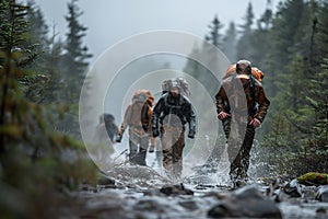 Adventure racing team navigating rough terrain