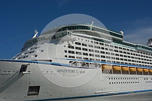 Adventure of the Seas sitting at dock in the Caribbean