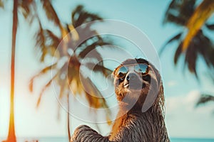 Adventure. A sloth with sunglasses lounges on the beach under a palm tree