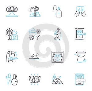 Adventure sports linear icons set. Thrilling, Challenging, Adrenaline, Exciting, Extreme, Rushing, Risky line vector and